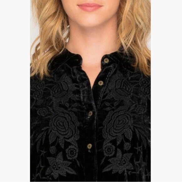 Johnny Was black Roberta Velvet Smocked Blouse with floral embroidery NWOT - Picture 4 of 5